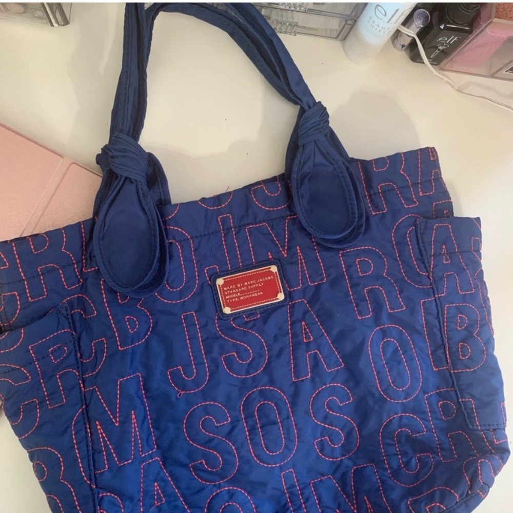 Marc by Marc Jacobs Blue Quilted Tote with Pink Stitching